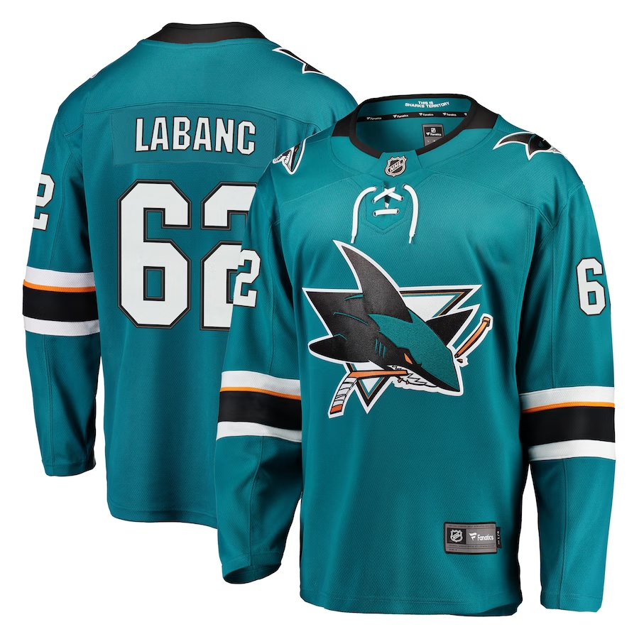 Men's San Jose Sharks Kevin Labanc #62 Teal Home Breakaway Jersey